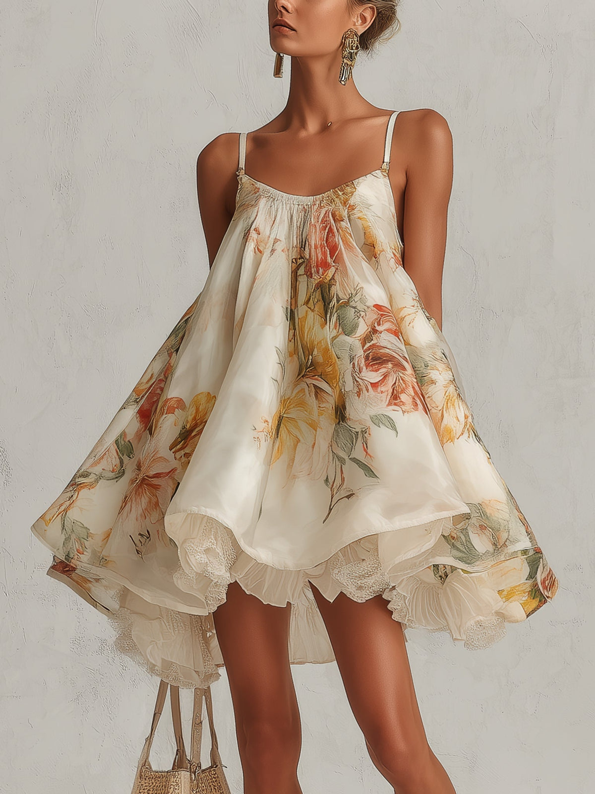 Elowen™ | Floral Organza A-Line Mini Dress with Lace Trim
