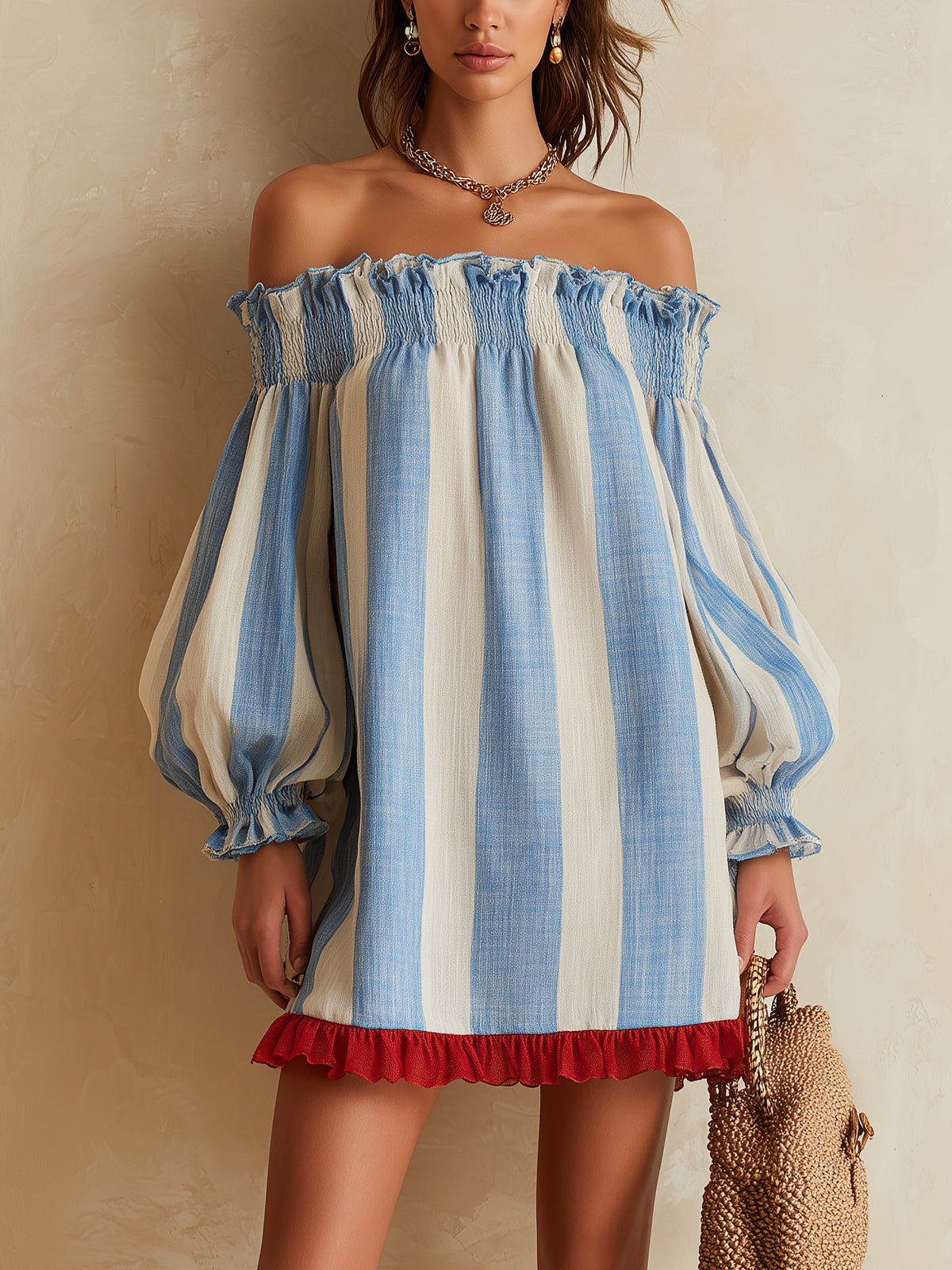 Jolene™ | Striped Off-the-Shoulder Mini Dress with a Contrasting Hem
