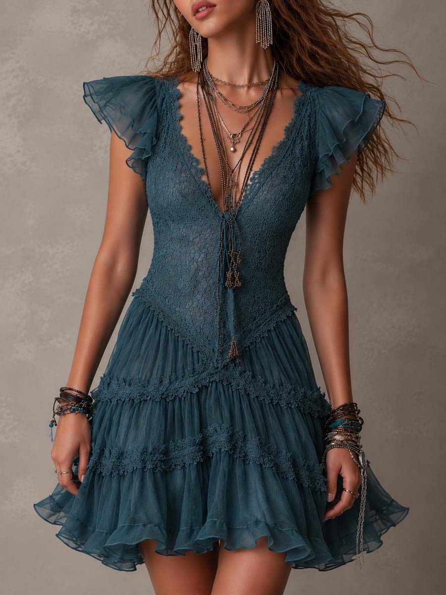 Uma™ | Retro Lace &amp; Chiffon Ruffled Mini Dress