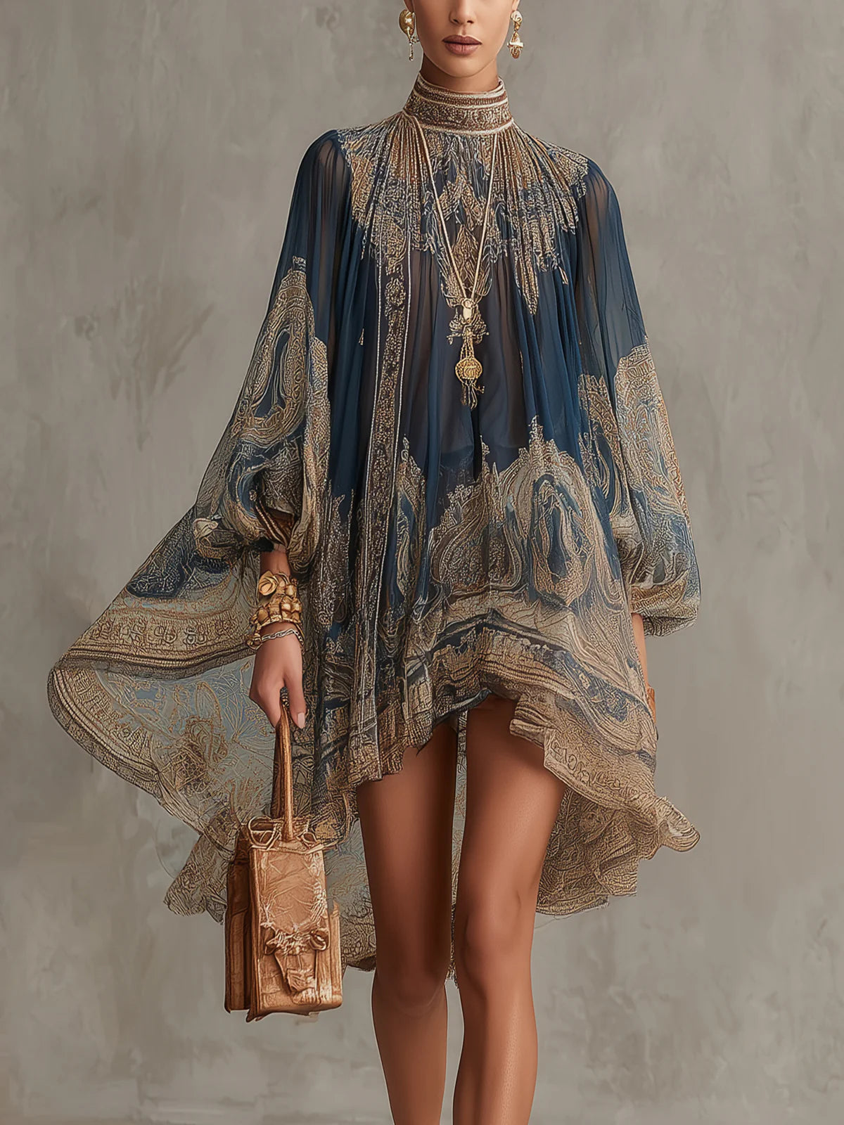 Piper™ | Baroque Print High-Neck Irregular Chiffon Mini Dress