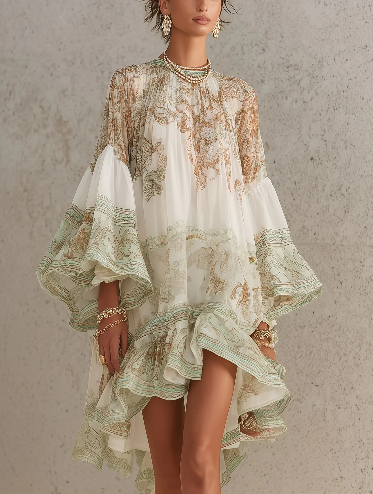 Maren™ | Printed Ruffle Hem Flounce Sleeve Chiffon Mini Dress