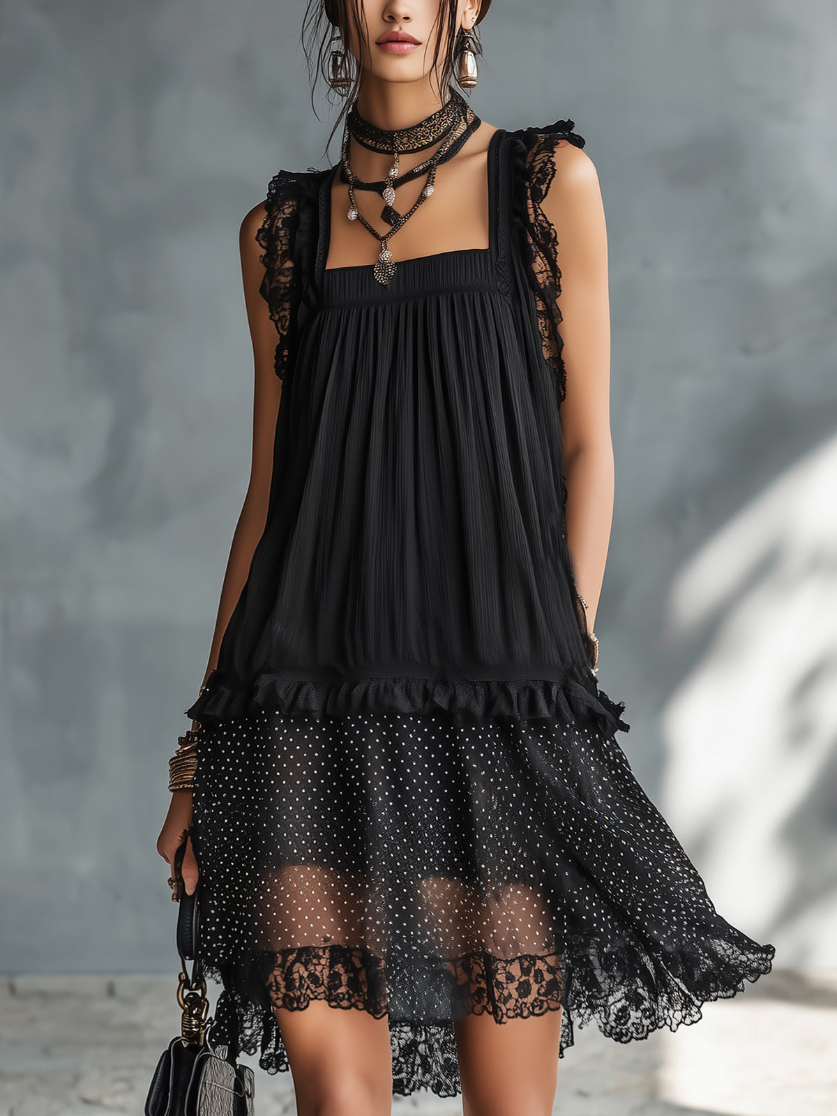 Faye™ | Lace-Trimmed Ruffled Sheer Polka Dot Mini Dress