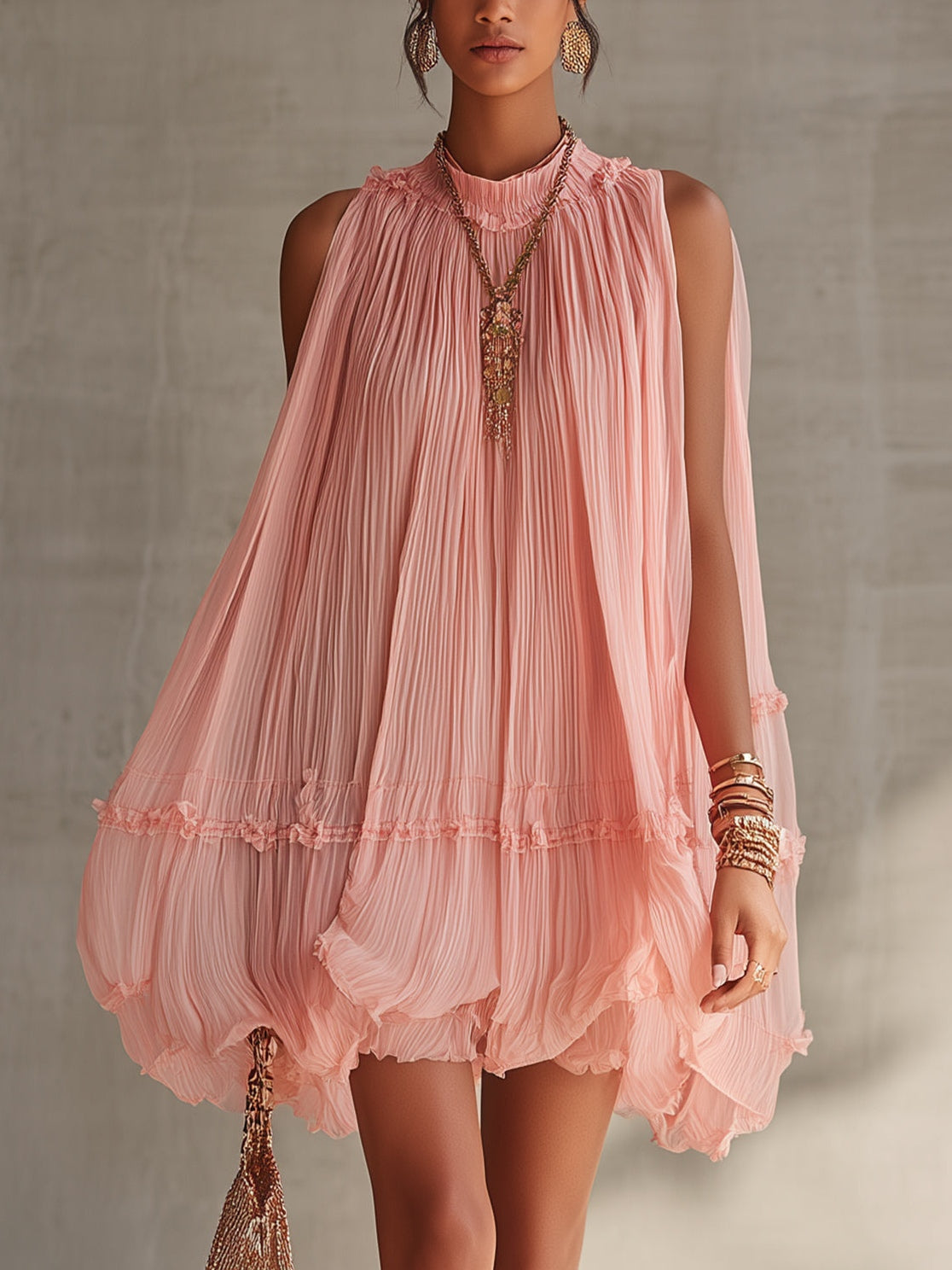 Priscilla™ | Halter Neck Ruffled Chiffon Bubble Mini Dress