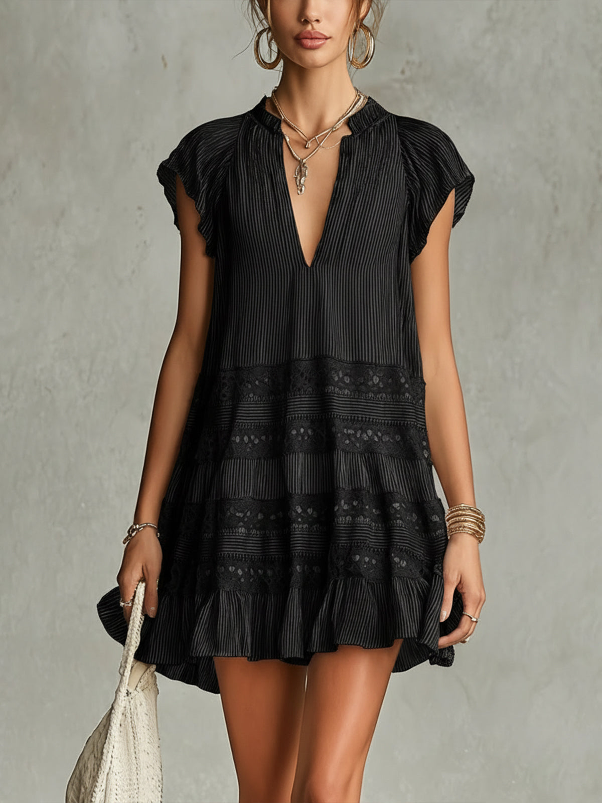 Opal™ | Striped Chiffon Lace-Trimmed Ruffled Mini Dress
